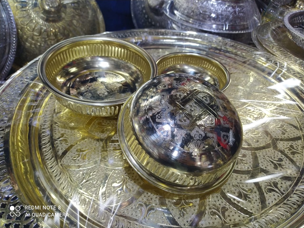 Elegant Moroccan Brass Serving Bowl Set with Ornate Lid and Tray – 3-Piece Set