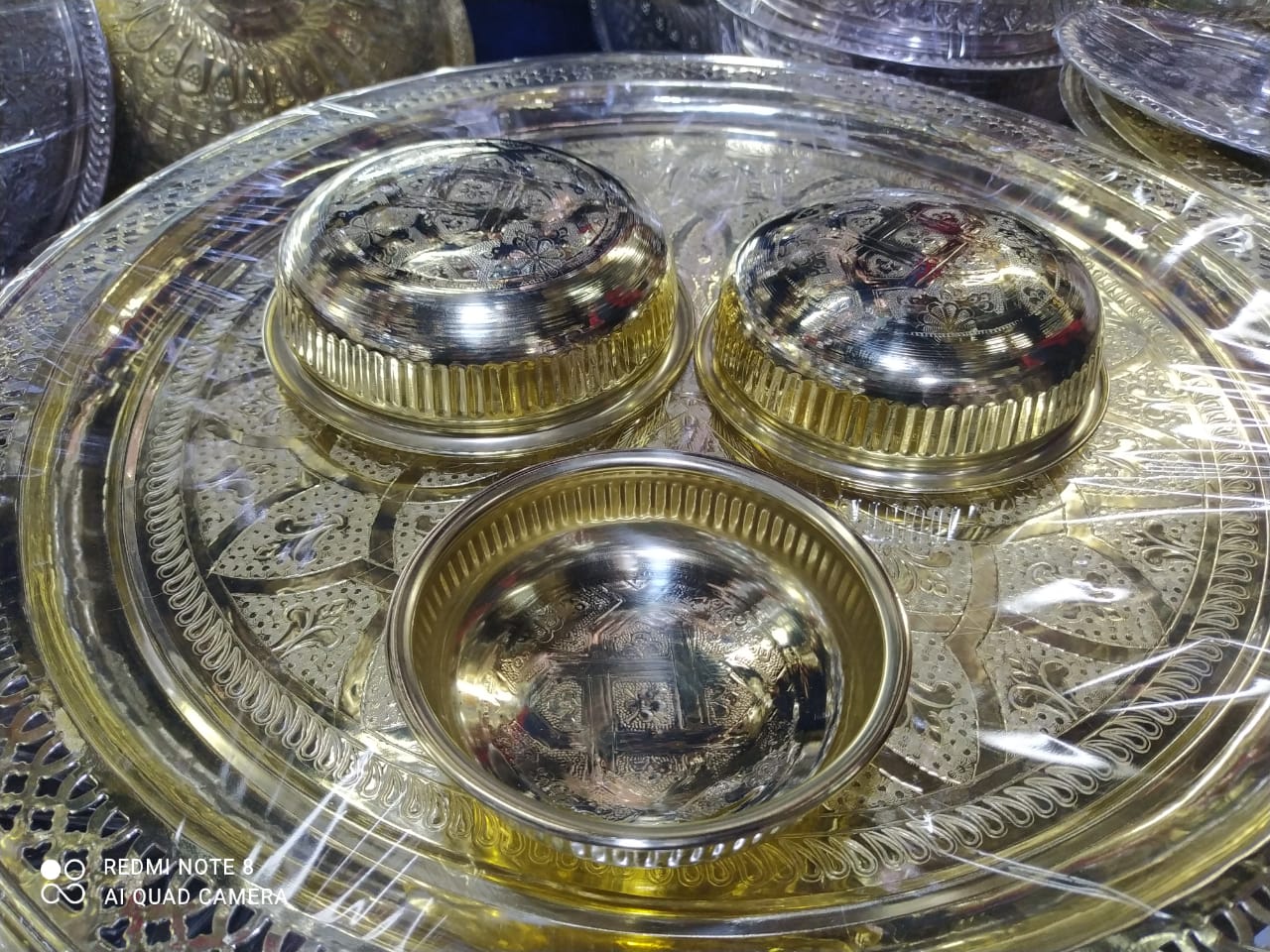 Elegant Moroccan Brass Serving Bowl Set with Ornate Lid and Tray – 3-Piece Set