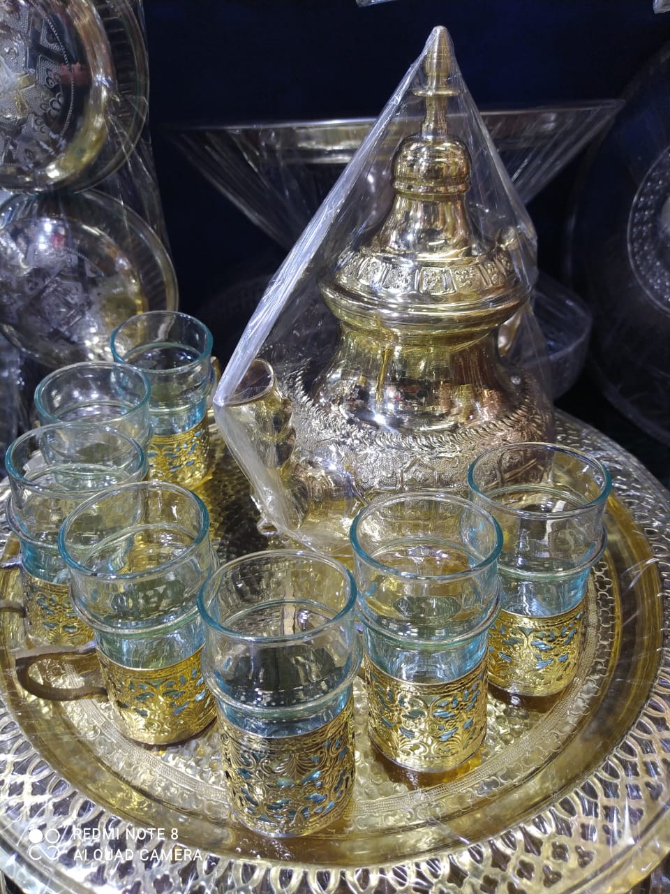 Traditional Moroccan Tea Set with Gold-Plated Glasses and Engraved Teapot - 7-Piece Set