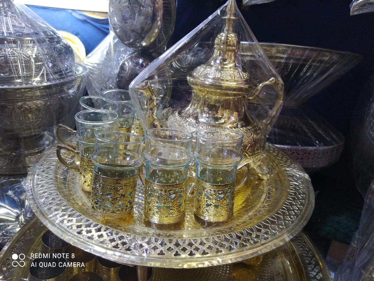 Traditional Moroccan Tea Set with Gold-Plated Glasses and Engraved Teapot - 7-Piece Set